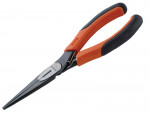 A pair of long-nose pliers with black metal jaws and orange and black rubber-coated handles, shown against a white background.