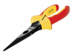A pair of long-nose pliers with red and yellow insulated handles and a pointed, narrow black metal jaw, designed for precision work and electrical tasks.