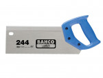 A Bahco brand hand saw with a blue plastic handle and a straight, toothed steel blade. The blade is labeled 244 and features the Bahco logo and a fish symbol.
