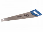 A hand saw with a silver blade and a blue plastic handle, labeled Bahco 244. The blade has fine teeth and a hole near the tip for hanging.