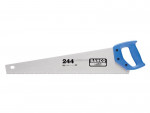 A hand saw with a silver blade, fine teeth, and a blue plastic handle. The blade is labeled 244 and Bahco, with additional branding and text printed on it.