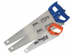 Three hand saws with silver blades are shown. Two have blue handles and are labeled BAHCO 244, while the third has an orange handle and is labeled BAHCO PrizeCut 300.