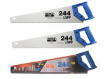 Two Bahco 244 hand saws with blue handles are shown above a similar saw in packaging, labeled 244 Fine and 22 inches, with product details and images of wood being cut on the box.