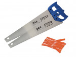 Two Bahco hand saws with blue handles are stacked together, and several orange plastic blade guards are arranged nearby on a white background.