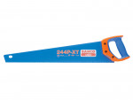A blue Bahco 244P-XT hand saw with an orange and blue handle, featuring fine teeth and a hole at the tip for hanging.