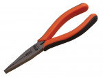 A pair of needle-nose pliers with orange and black ergonomic handles, featuring long, narrow, pointed jaws for gripping or bending small objects.