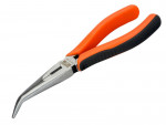 A pair of long-nose pliers with orange and black handles and a slightly bent, pointed metal tip, designed for gripping or manipulating small objects.
