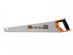 A hand saw with a silver blade and an orange and black handle, featuring the Bahco brand and product details printed on the blade.