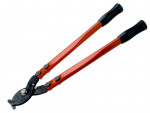 A pair of heavy-duty bolt cutters with orange handles and black grips, shown against a white background.