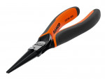 A pair of Bahco brand long nose pliers with orange and black handles, featuring a slim, pointed jaw for precision work.