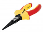Long-nose pliers with red and yellow insulated handles, marked with “BAHCO 2521S-160”, designed for precision work and electrical safety.