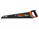 A Bahco Superior hand saw with a black blade, orange and black ergonomic handle, and branding printed on the blade. The teeth of the saw are visible along the bottom edge.
