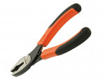 A pair of combination pliers with black and orange rubber-coated handles, showing the serrated gripping jaws and cutting edge.