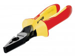 A pair of insulated combination pliers with red and yellow handles and a metallic gripping head, labeled BAHCO.