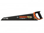 A Bahco hand saw with a black and orange handle and a black blade, featuring the Bahco logo and product details printed on the blade.