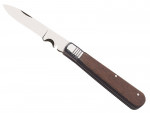 A folding pocket knife with a shiny silver blade and a dark wooden handle, shown open with the blade extended.