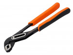 A pair of black adjustable groove joint pliers with orange and black handles, designed for gripping and turning objects.