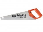 A hand saw with a silver blade labeled Bahco PrizeCut 300 and an orange plastic handle, designed for cutting wood.