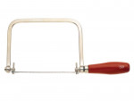A metal coping saw with a thin blade, rectangular frame, and a red wooden handle marked with the number 301.
