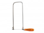 A metal coping saw with a thin blade, a rectangular steel frame, and an orange handle labeled BAHCO 302 against a white background.