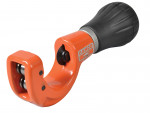 A close-up of an orange pipe cutter with a black rubber handle, used for cutting metal pipes. The brand BAHCO is visible on the tool’s body.