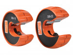 Two orange, circular Bahco pipe cutters with exposed cutting blades, labeled 306-15 and 306-22, designed for cleanly cutting pipes. The tools have a black inner lining and a partially open, C-shaped design.