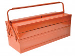 A closed, rectangular orange metal toolbox with a foldable carrying handle on top and hinged compartments on the sides.