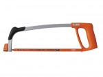 A metal hacksaw with an orange handle and frame, featuring a blue and orange blade labeled SANDFLEX. The handle is ergonomic, and the tool is primarily used for cutting metal.