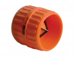 An orange, cylindrical pipe deburring tool with a textured grip and visible metal blades inside, used for smoothing the edges of cut pipes.