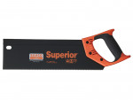A Bahco Superior hand saw with a black blade and orange-and-black ergonomic handle, featuring the Bahco logo and Superior text printed on the blade.