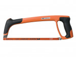 A metal hacksaw with an orange and black ergonomic handle and a thin metal blade labeled Sandflex Bi-Metal. The tool is designed for cutting metal and other materials.,