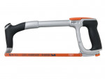 A Bahco 325 professional hacksaw with a silver and black ergonomic frame and an orange Sandflex bi-metal blade, designed for cutting metal.