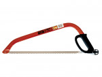 A red Bahco bow saw with a black handle and an exposed serrated blade, designed for cutting wood. The saw has a label on the frame and a protective guard on the blade tip.