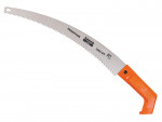 A curved, hand-held pruning saw with a silver serrated blade and an orange plastic handle. The blade is labeled BAHCO TRADITION 340-6T.