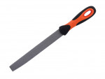 A metal hand file with a textured blade and a black and orange ergonomic handle, used for smoothing or shaping materials like wood or metal.