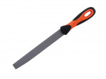 A flat metal file with a textured surface and an orange and black plastic handle, designed for smoothing or shaping materials like wood or metal.