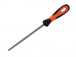 A round metal file with a textured surface for smoothing materials, featuring a black and orange ergonomic handle with an oval hole for hanging.