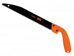 A hand saw with a black, serrated blade and an orange ergonomic handle, designed for manual cutting of wood or other materials. The saw is positioned against a white background.