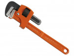 An orange Bahco pipe wrench with serrated jaws and a black adjusting nut, designed for gripping and turning pipes.