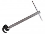 A silver T-handle basin wrench with a long, textured shaft and an adjustable black jaw at one end, designed for gripping and turning hard-to-reach fasteners under sinks.