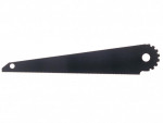 A black, flat, triangular saw blade with fine teeth along one edge, a round hole near the tip, and a gear-shaped hole at the wide end.
