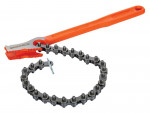 An orange-handled Bahco chain pipe wrench with a metal chain attached, designed for gripping and turning pipes. The tool is shown on a white background.