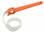 An orange-handled strap wrench with a white, flexible strap looped through its head, designed for gripping and turning objects without scratching or damaging surfaces.