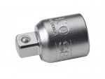 A metallic socket adapter with a square drive and a cylindrical body, used for connecting sockets to ratchets or wrenches. The surface is shiny and has engraved markings.