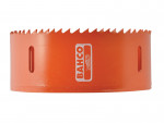 An orange Bahco hole saw with sharp teeth around the edge and rectangular cutout slots on the side, featuring the Bahco logo in white.