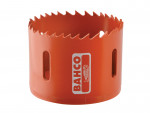 An orange Bahco hole saw with sharp teeth and rectangular cut-outs on the side, featuring the Bahco logo and a fish symbol printed on the body.