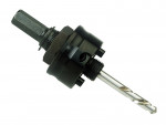 A close-up of a metal hole saw arbor with an attached pilot drill bit, designed for use with power drills. The tool has a hex shank and threaded sections for securing a hole saw blade.