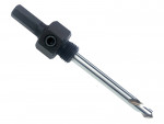 A metal hole saw arbor with a hex shank, threaded body, and an attached pilot drill bit on a white background.