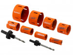 A set of six orange Bahco hole saws for metal and wood, with two black drill arbors, all arranged in a line on a white background.