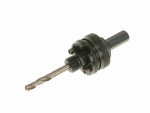 A close-up of a metal drill bit attached to an adjustable hole saw arbor, designed for use with power drills to create holes in various materials. The image is set against a plain white background.